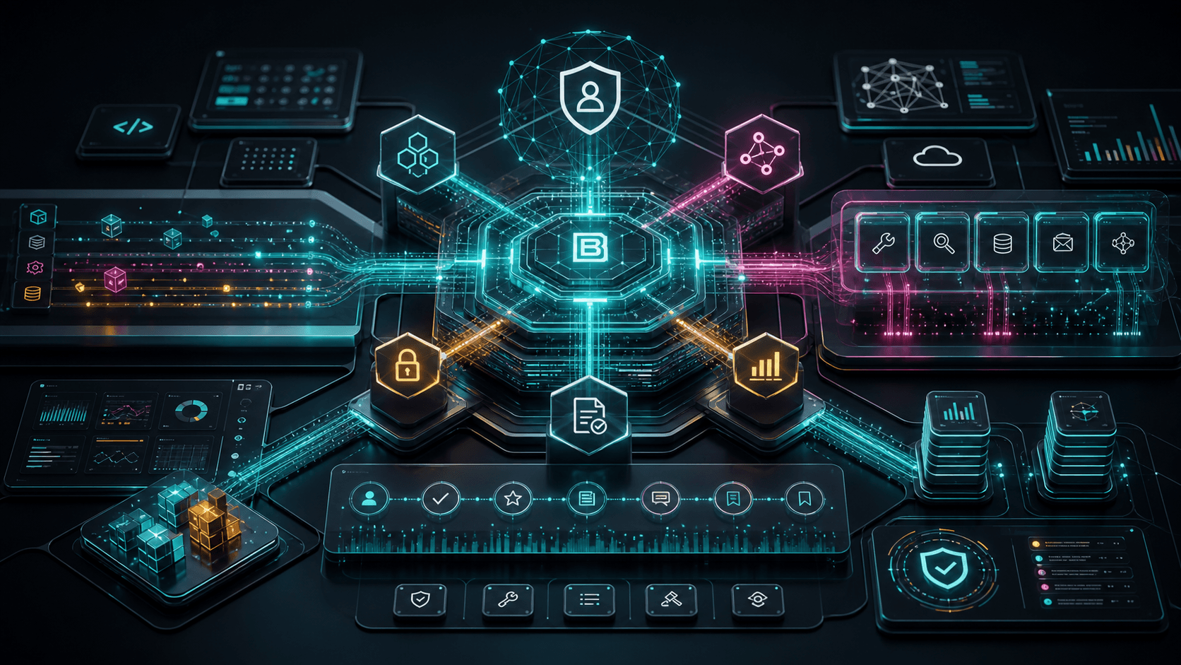 Abstract BMOZI AI governance control plane with event streams, scoped tools, and audit paths